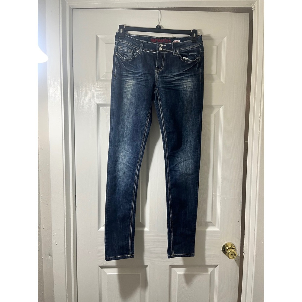 Bongo Womens Dark Wash Whiskered Skinny Jeans Size 9 Double Button Flap Pocket
